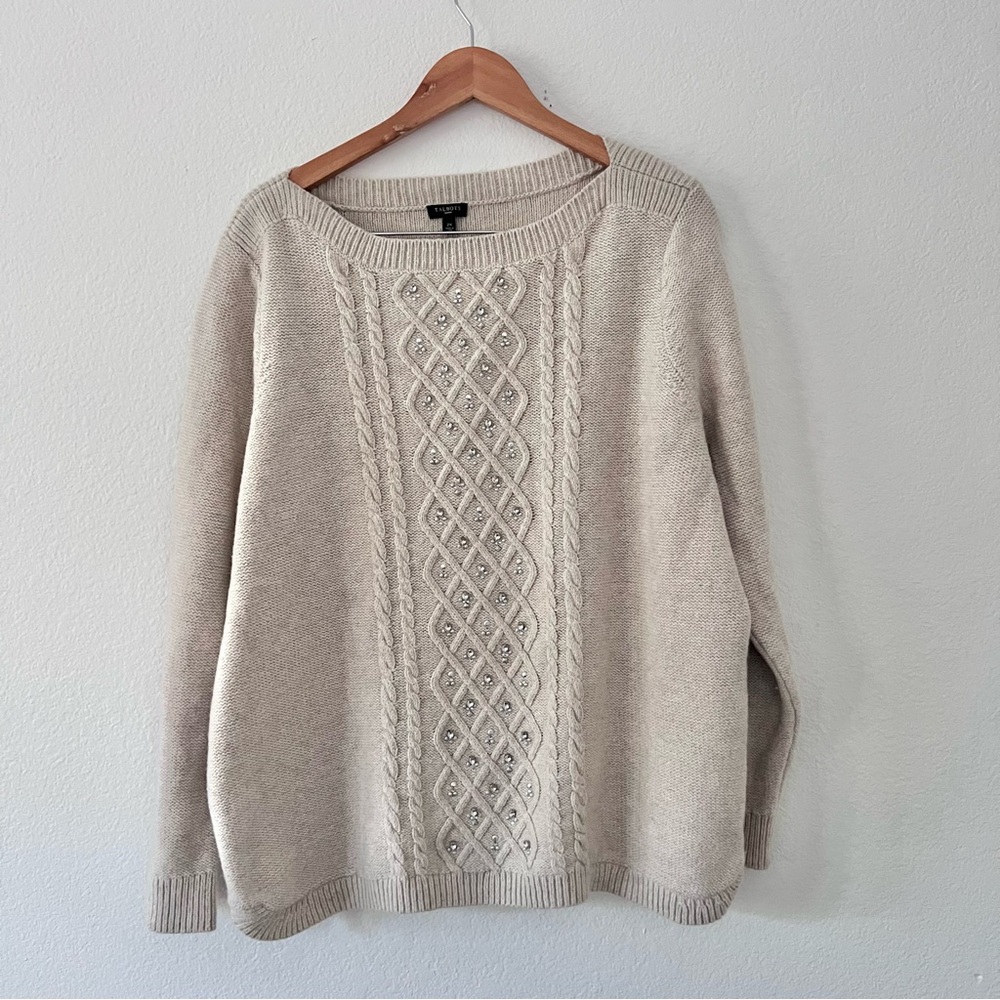 Talbots Cream Gray Cableknit Embellished Wool Blend Sweater Sz 2X